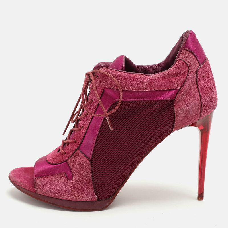 Burberry Pink Mesh And Satin Peep Toe Lace Up Booties Size 39